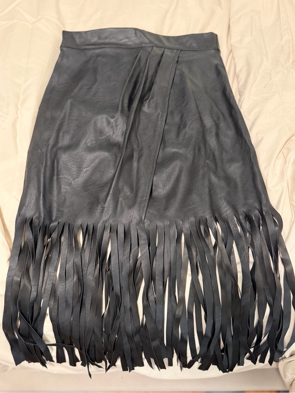 Black Faux Leather Midi Skirt with Fringe Hem